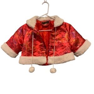 Red Asian Shawl with White Faux Fur